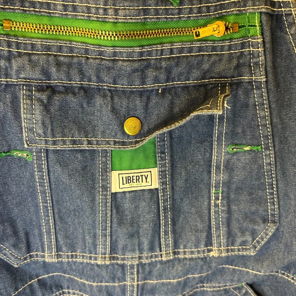 Liberty Mens 32W Blue Denim Bib Overalls Green Zipper Workwear Carpenter Pants